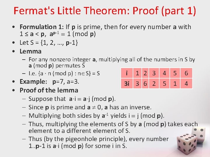 Fermat's Little Theorem: Proof (part 1) • Formulation 1: If p is prime, then Fermat's Little Theorem: Proof (part 1) • Formulation 1: If p is prime, then