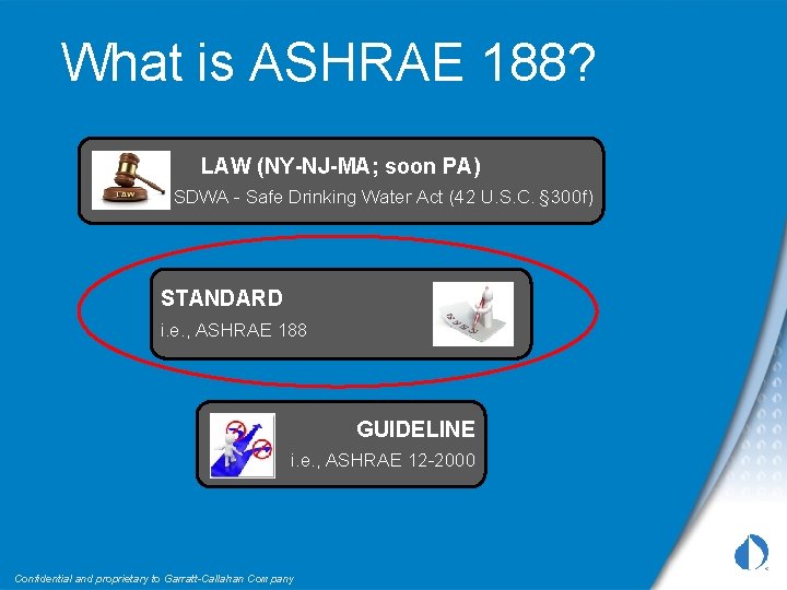 What is ASHRAE 188? LAW (NY-NJ-MA; soon PA) i. e. , SDWA - Safe