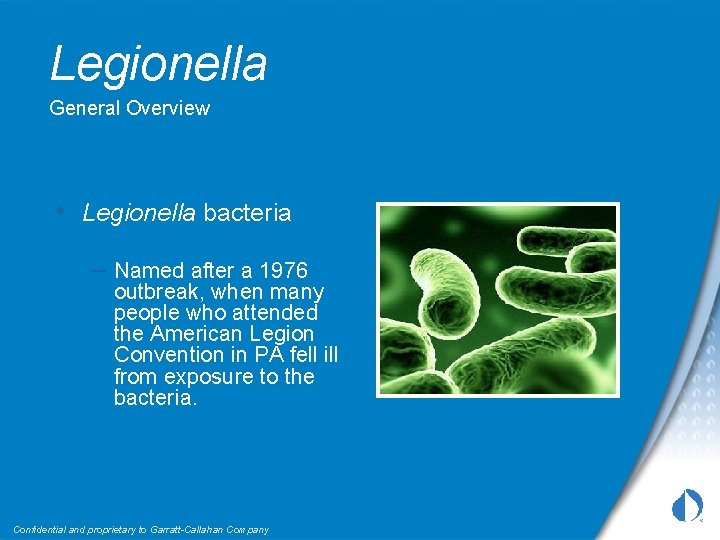 Legionella General Overview • Legionella bacteria – Named after a 1976 outbreak, when many