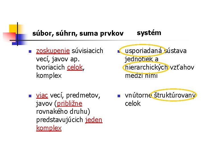 súbor, súhrn, suma prvkov n n zoskupenie súvisiacich vecí, javov ap. tvoriacich celok, komplex