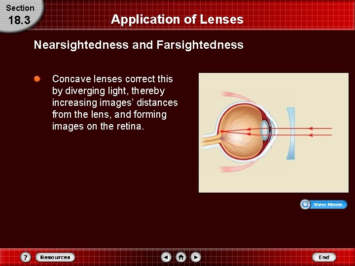 Section 18. 3 Application of Lenses Nearsightedness and Farsightedness Concave lenses correct this by