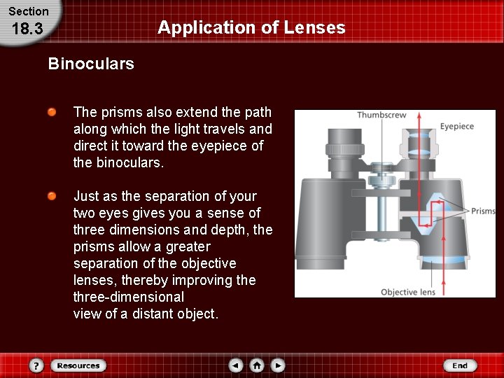 Section Application of Lenses 18. 3 Binoculars The prisms also extend the path along