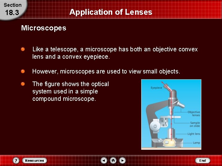 Section Application of Lenses 18. 3 Microscopes Like a telescope, a microscope has both