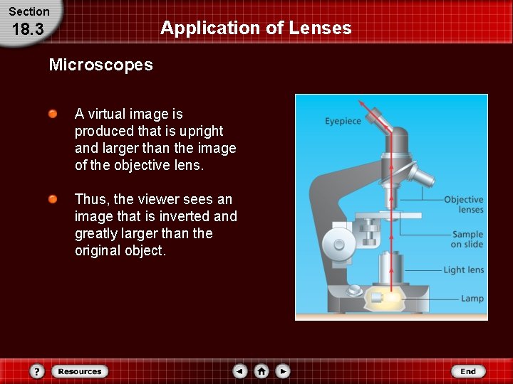 Section Application of Lenses 18. 3 Microscopes A virtual image is produced that is