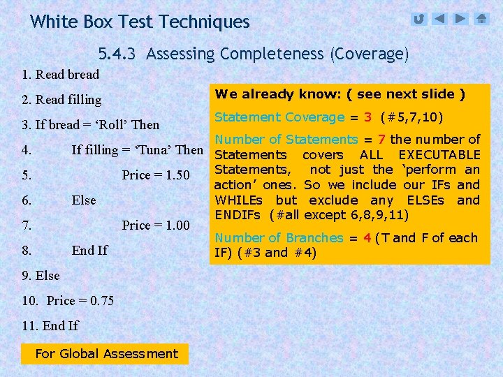 White Box Test Techniques 5. 4. 3 Assessing Completeness (Coverage) 1. Read bread We