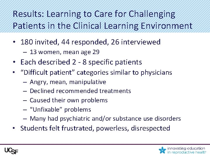 Results: Learning to Care for Challenging Patients in the Clinical Learning Environment • 180