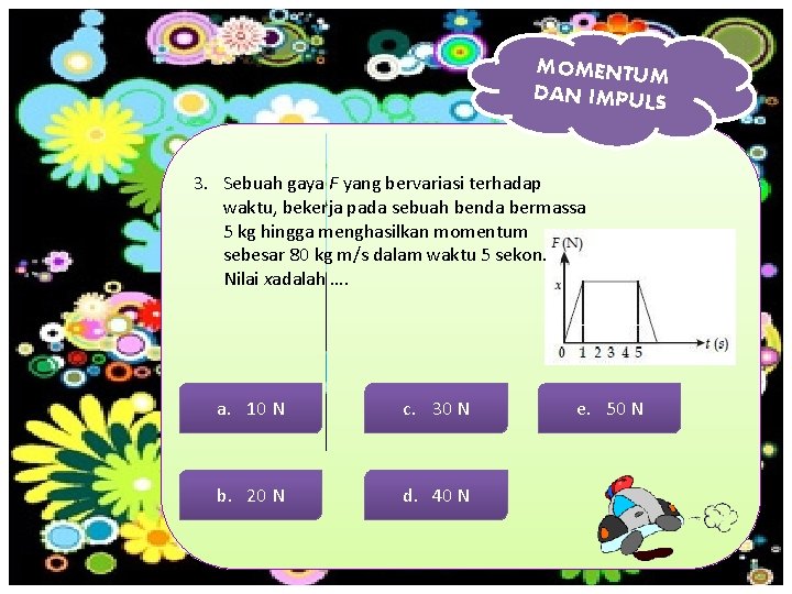 MOMENTUM DAN IMPULS 3. Sebuah gaya F yang bervariasi terhadap waktu, bekerja pada sebuah