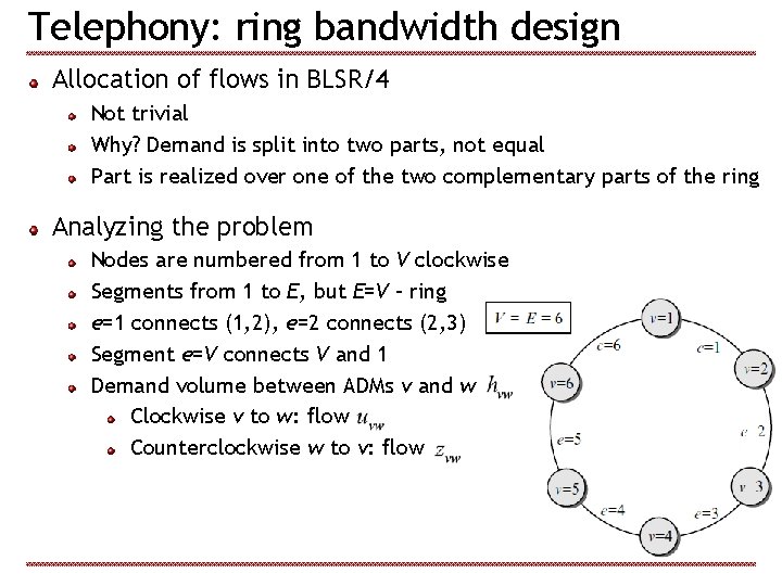 Telephony: ring bandwidth design Allocation of flows in BLSR/4 Not trivial Why? Demand is