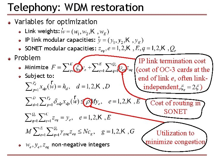 Telephony: WDM restoration Variables for optimization Link weights: IP link modular capacities: SONET modular