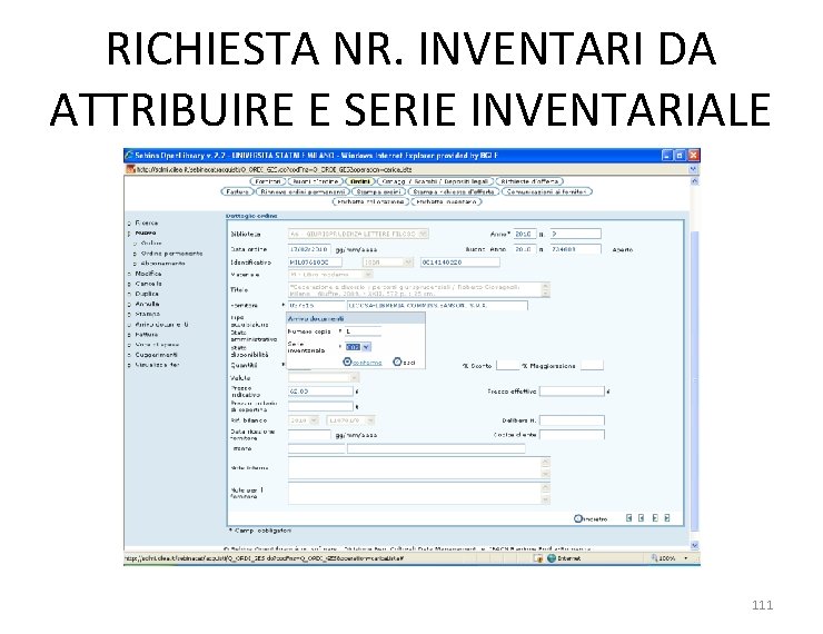 RICHIESTA NR. INVENTARI DA ATTRIBUIRE E SERIE INVENTARIALE 111 