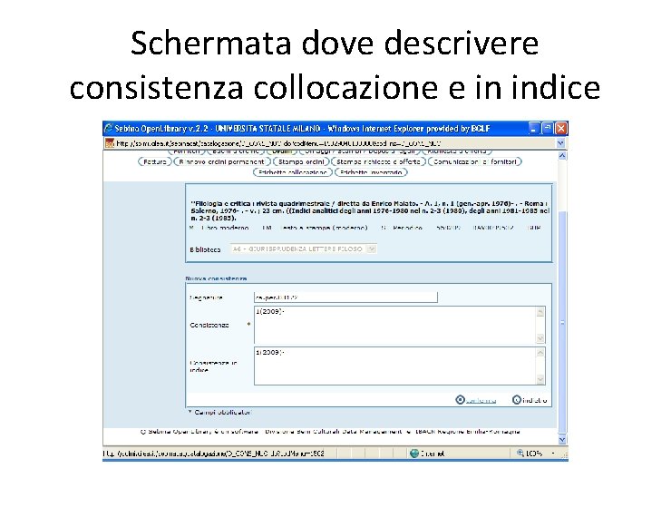 Schermata dove descrivere consistenza collocazione e in indice 