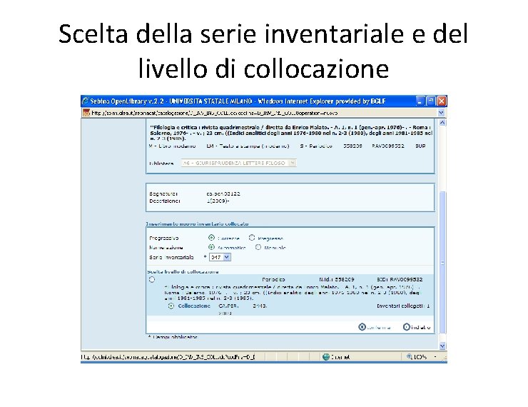 Scelta della serie inventariale e del livello di collocazione 