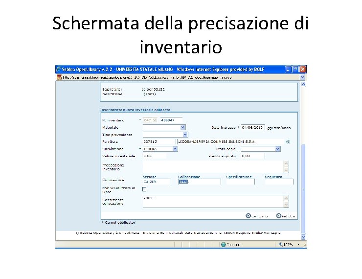 Schermata della precisazione di inventario 
