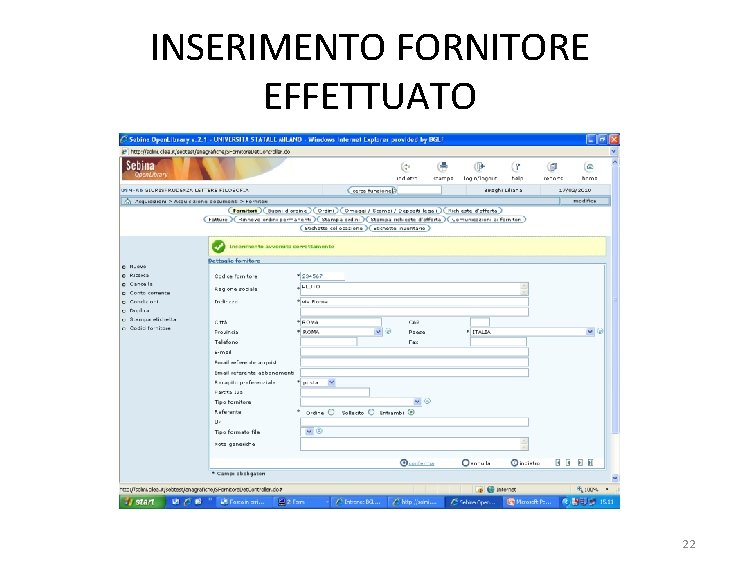 INSERIMENTO FORNITORE EFFETTUATO 22 