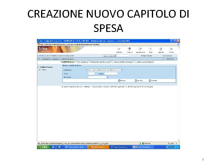 CREAZIONE NUOVO CAPITOLO DI SPESA 6 