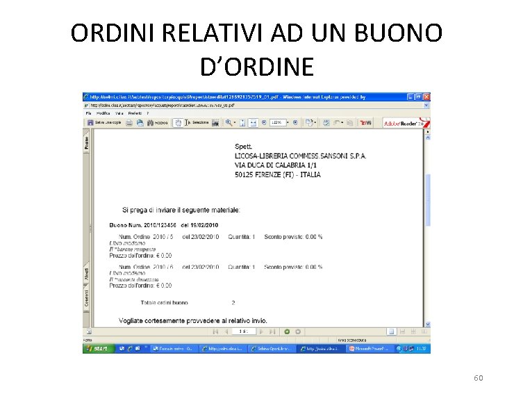ORDINI RELATIVI AD UN BUONO D’ORDINE 60 