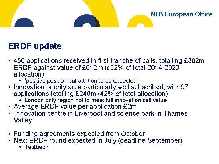 ERDF update • 450 applications received in first tranche of calls, totalling £ 882