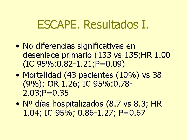ESCAPE. Resultados I. • No diferencias significativas en desenlace primario (133 vs 135; HR