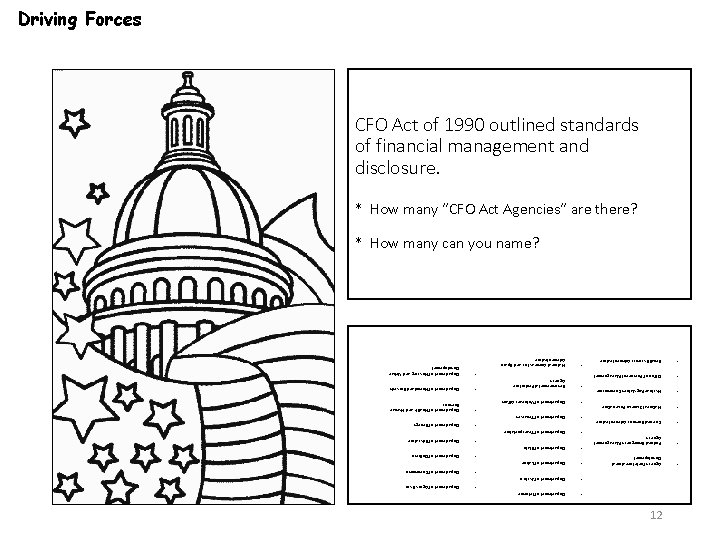 12 Department of Labor • Department of Justice • Department of Interior • •