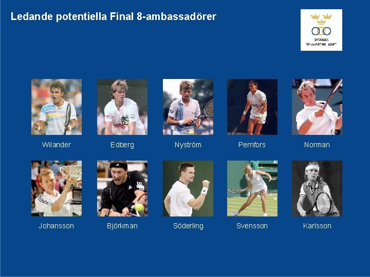 Ledande potentiella Final 8 -ambassadörer Wilander Edberg Nyström Pernfors Norman Johansson Björkman Söderling Svensson