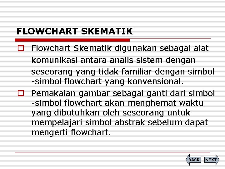 FLOWCHART SKEMATIK o Flowchart Skematik digunakan sebagai alat komunikasi antara analis sistem dengan seseorang