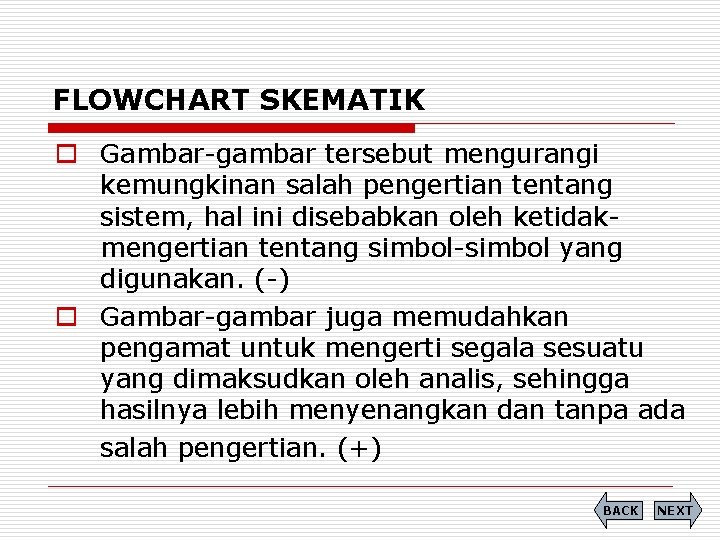 FLOWCHART SKEMATIK o Gambar-gambar tersebut mengurangi kemungkinan salah pengertian tentang sistem, hal ini disebabkan