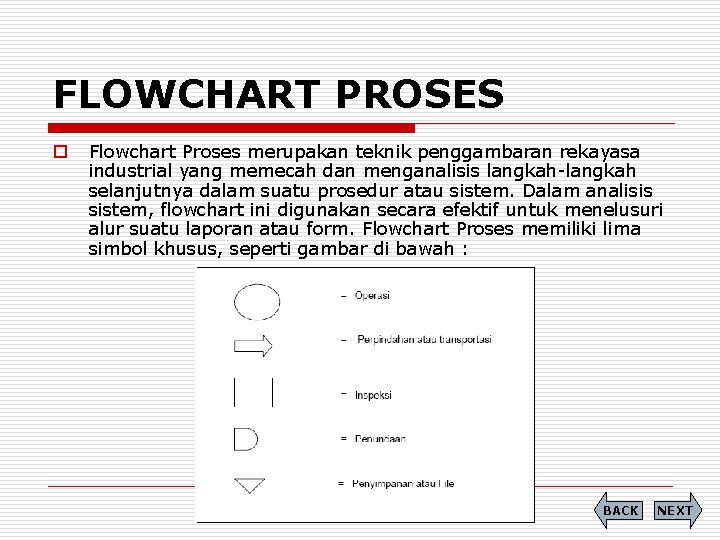 FLOWCHART PROSES o Flowchart Proses merupakan teknik penggambaran rekayasa industrial yang memecah dan menganalisis