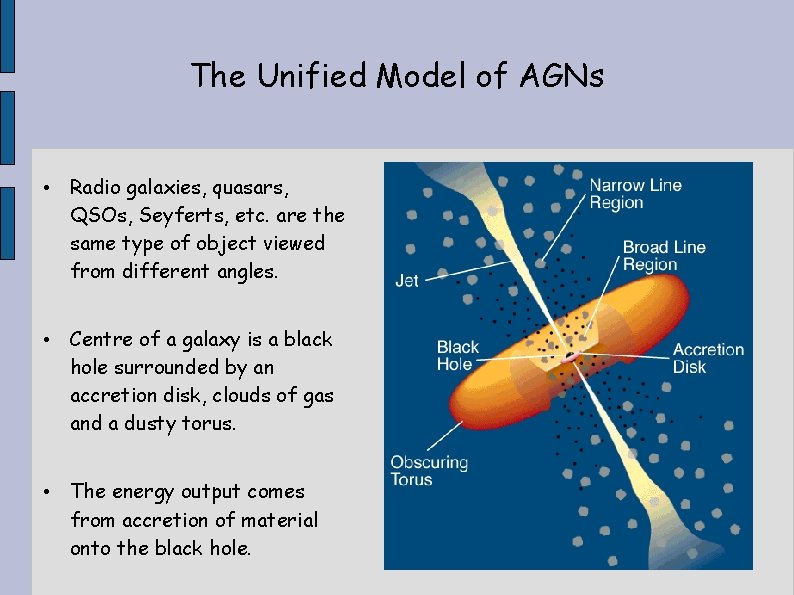 The Unified Model of AGNs • Radio galaxies, quasars, QSOs, Seyferts, etc. are the