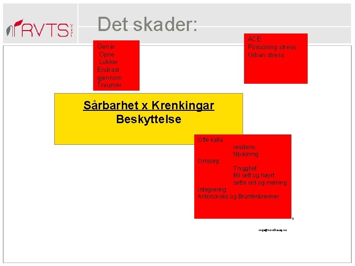 Det skader: ACE Poisioning stress Urban stress Genar Opne Lukker Endrast gjennom Traumer Sårbarhet