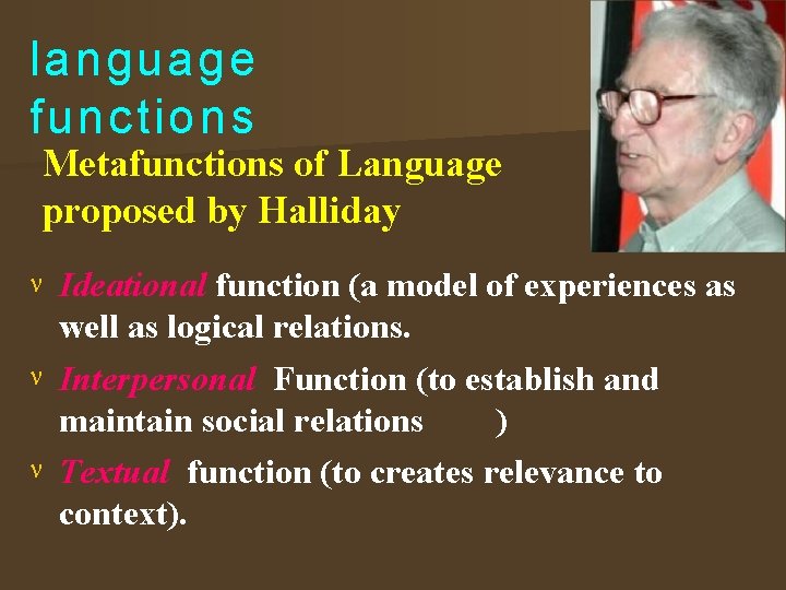 language functions Metafunctions of Language proposed by Halliday Ideational function (a model ode of