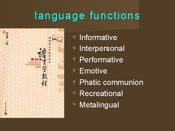 language functions Informative Interpersonal Performative Emotive Phatic communion Recreational Metalingual 