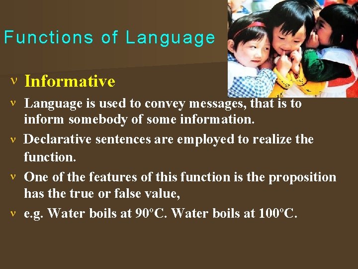 Functions of Language Informative Language is used to convey messages, that is to inform