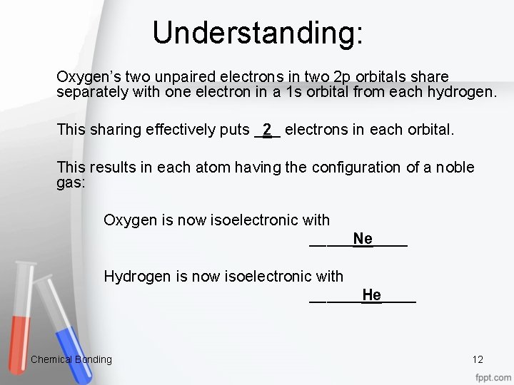 Understanding: Oxygen’s two unpaired electrons in two 2 p orbitals share separately with one