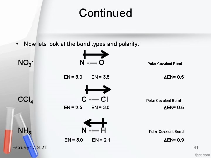 Continued • Now lets look at the bond types and polarity: NO 3 N