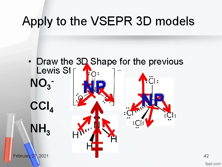 Apply to the VSEPR 3 D models • Draw the 3 D Shape for