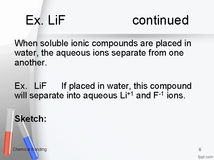 Ex. Li. F continued When soluble ionic compounds are placed in water, the aqueous