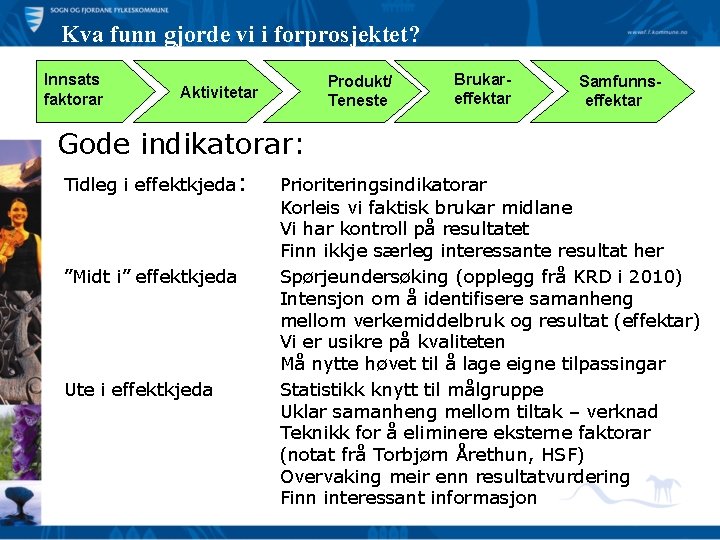 Kva funn gjorde vi i forprosjektet? Innsats faktorar Produkt/ Teneste Aktivitetar Brukareffektar Samfunnseffektar Gode