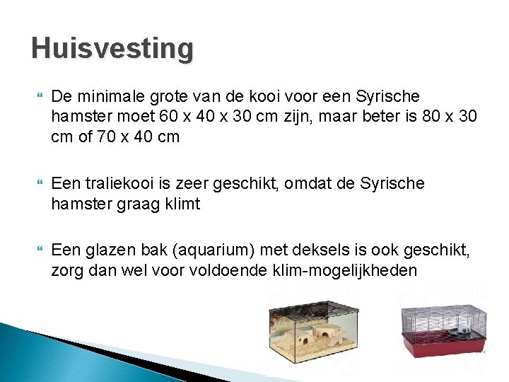 Huisvesting De minimale grote van de kooi voor een Syrische hamster moet 60 x