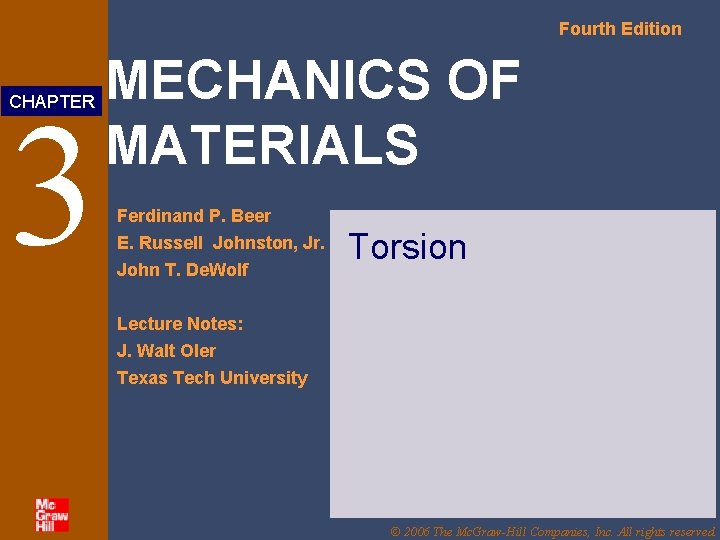 Fourth Edition 3 CHAPTER MECHANICS OF MATERIALS Ferdinand P. Beer E. Russell Johnston, Jr.