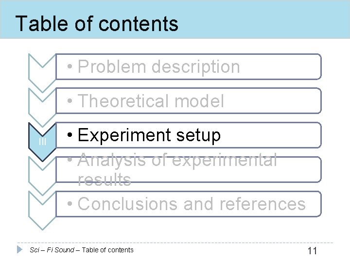 Table of contents I • Problem description II • Theoretical model III IV V