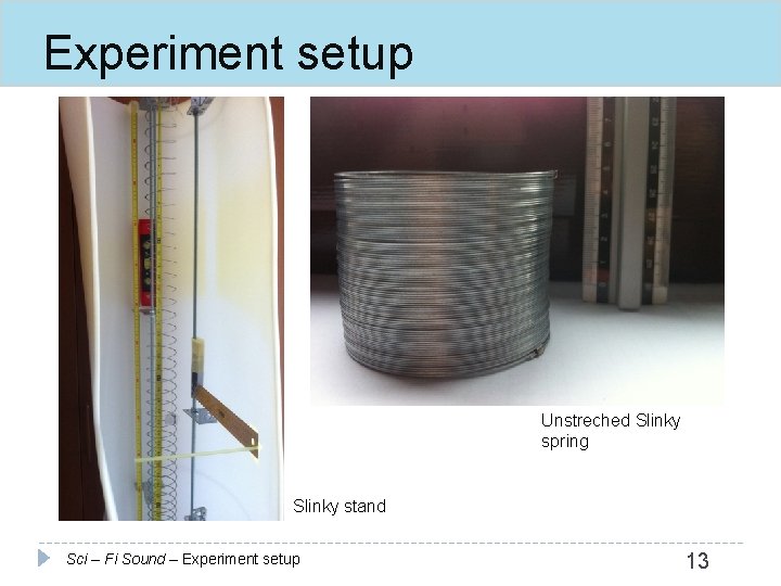 Experiment setup Unstreched Slinky spring Slinky stand Sci – Fi Sound – Experiment setup