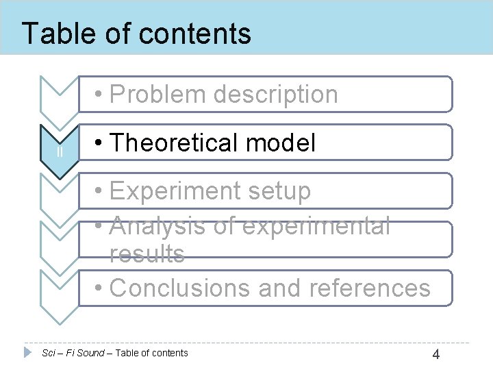 Table of contents I • Problem description II • Theoretical model III IV V