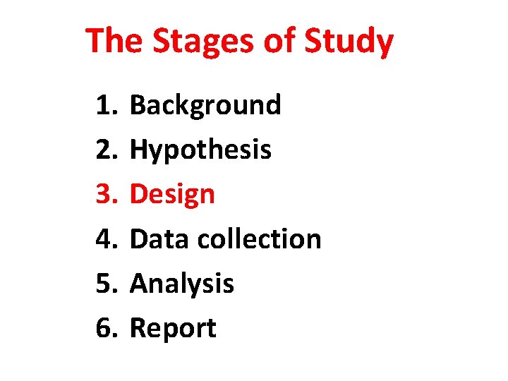 The Stages of Study 1. 2. 3. 4. 5. 6. Background Hypothesis Design Data