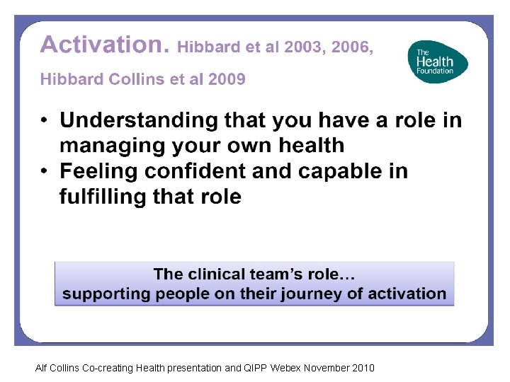 Alf Collins Co-creating Health presentation and QIPP Webex November 2010 