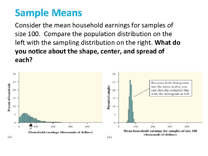 Sample Means Consider the mean household earnings for samples of size 100. Compare the