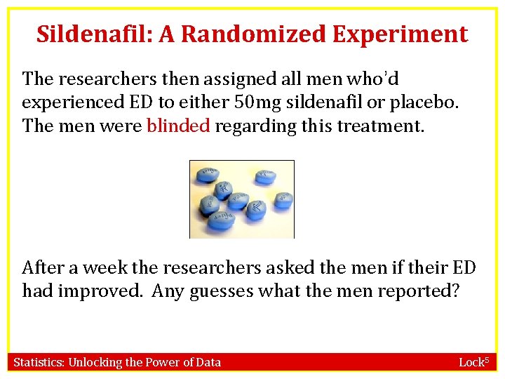 Sildenafil: A Randomized Experiment The researchers then assigned all men who’d experienced ED to