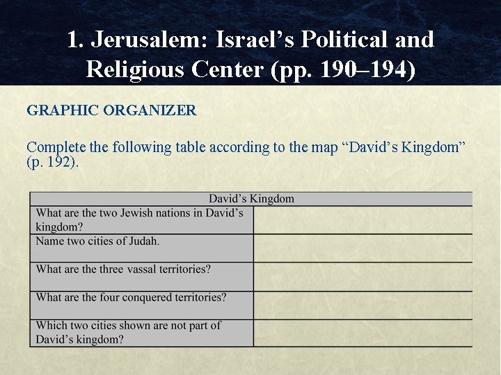 1. Jerusalem: Israel’s Political and Religious Center (pp. 190– 194) GRAPHIC ORGANIZER Complete the 1. Jerusalem: Israel’s Political and Religious Center (pp. 190– 194) GRAPHIC ORGANIZER Complete the