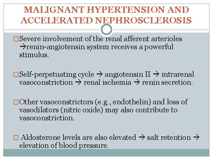 MALIGNANT HYPERTENSION AND ACCELERATED NEPHROSCLEROSIS �Severe involvement of the renal afferent arterioles renin-angiotensin system