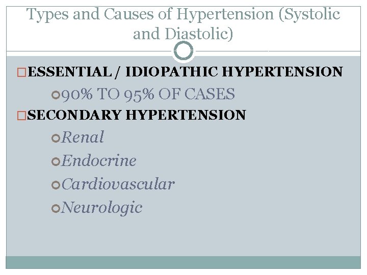 Types and Causes of Hypertension (Systolic and Diastolic) �ESSENTIAL / IDIOPATHIC HYPERTENSION 90% TO