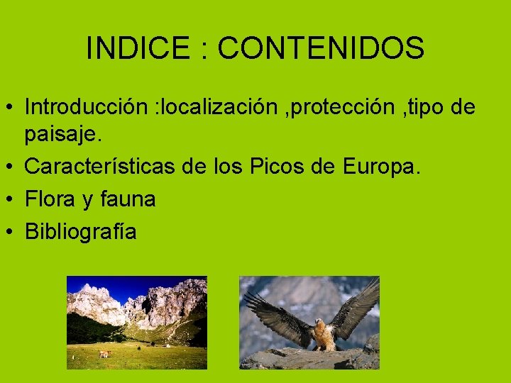 INDICE : CONTENIDOS • Introducción : localización , protección , tipo de paisaje. •